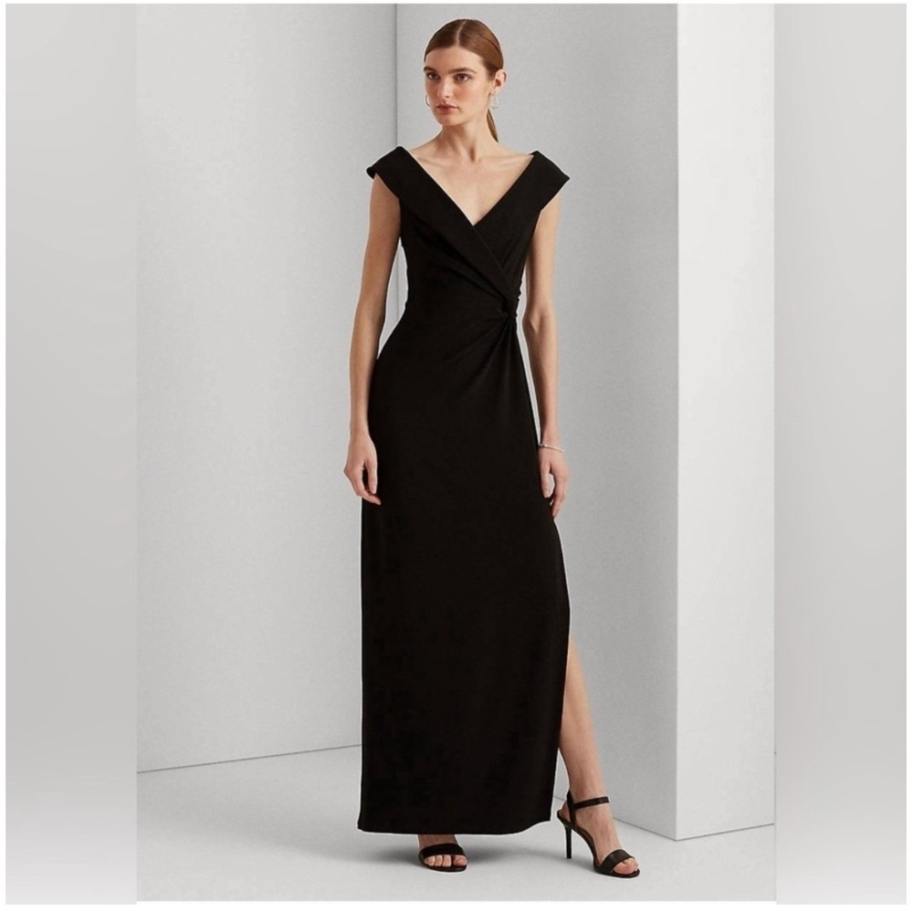 Lauren RL NWT SZ 2 Black Jersey Off Shoulder Ruched Knot Side Slit Evening Dress
